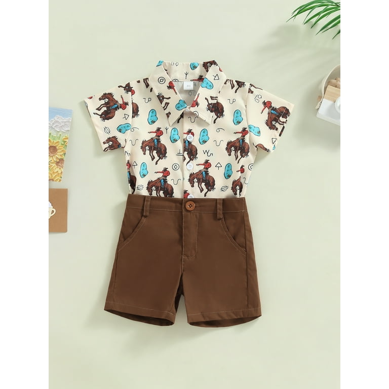 Calsunbaby Kids Toddler Boys Shorts Suit Short Sleeve Lapel Neck Buttons Tops + Summer Casual Shorts Outfits Brown 6-12 Months, Boy's