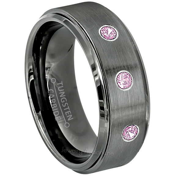Brushed Gunmetal Tungsten Ring - 0.21ctw Pink Tourmaline 3-stone Band - Personalized Tungsten Wedding Ring - Custom Made October Birthstone Ring TN616BS