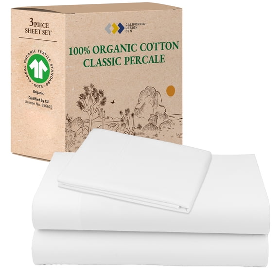 California Design Den Twin XL Sheets, 100% Organic Cotton Sheets - Percale Sheets - Soft, Crisp Sheets, Deep Pockets, Adult/Teen 3 Piece Bed Sheet Set, Bright White