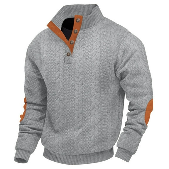 KHONTS Men's Colorblock Pullover Sweatshirts Long Sleeve Stand Collar Quarter Button Knitted Jackets Quilted Coat Light Gray XL