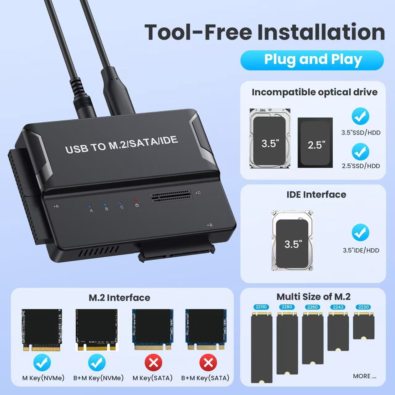 M.2 NVMe / SATA / IDE 3-in-1 Enclosure, Tool-Free Portable 10Gbps USB 3.2 External Hard Drive Reader Adapter for M.2 NVMe SSD (2230/2242/2260/2280), M.2 SATA SSD, 2.5"/3.5" SATA HDD/SSD 3.5" IDE HDD
