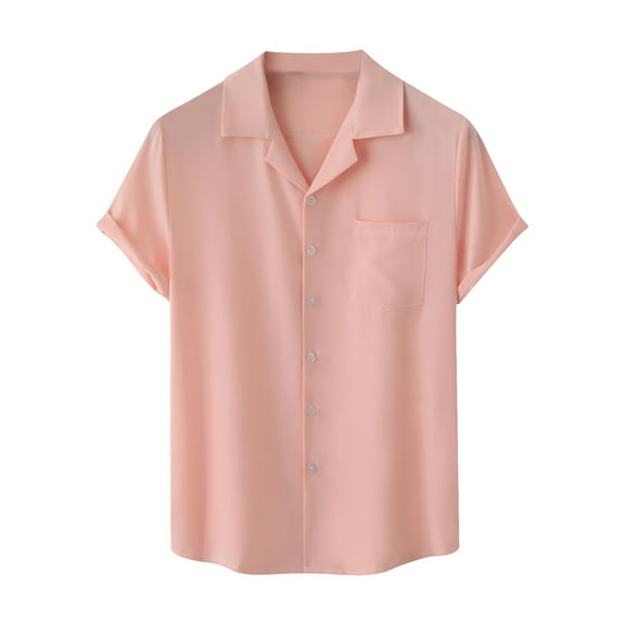 Miluxas Polo Shirts for Men Clearance Men's Casual Solid Young Blood Turn-down Collar with Pocket Button Short Sleeve Blouse Tops Shirt Pink 8(XL)