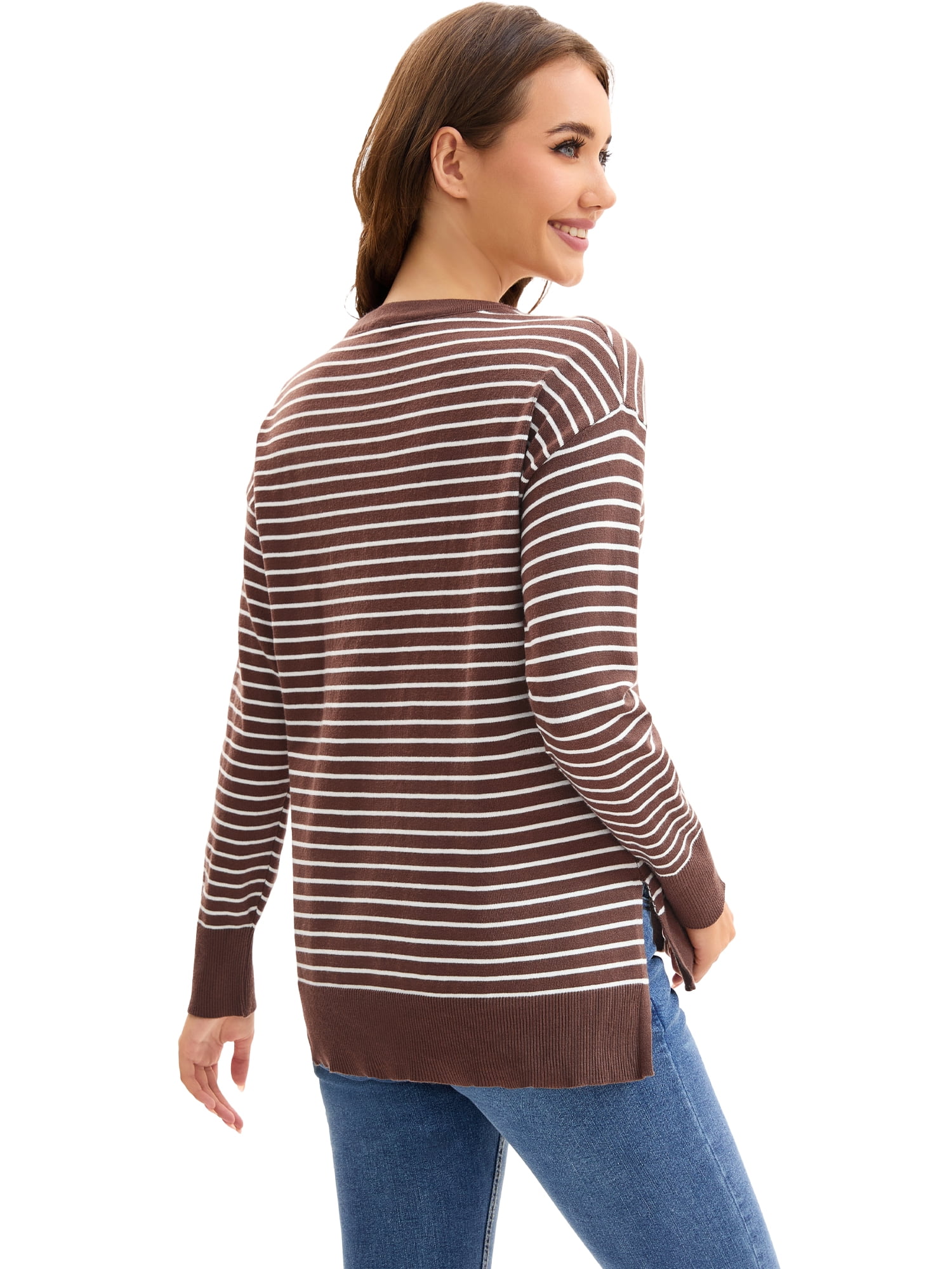 DARING DIVA Women's Striped Side Slits Long Sleeve Pullover Knit Tops L Brown-white