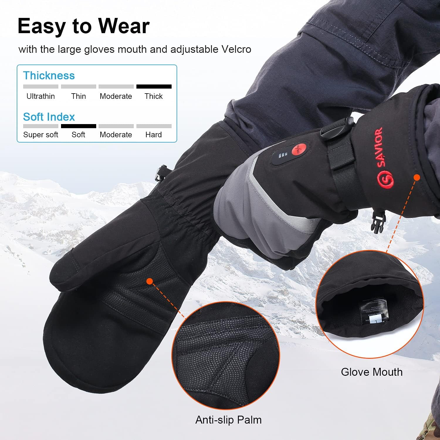 SAVIOR HEAT Heated Mittens Battery Ski Gloves, Electric Rechargeable Mitts for Skiing Camping Hiking Arthritis Hands Men Women