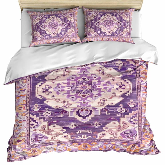 Purple Orange Boho Bedding 3 Piece Duvet Cover Set California King, Ethnic Geometric Middle Century Art Soft Microfiber Comforter Cover with Zipper Closure & Pillowcases, FadeResistant Quilt Cover