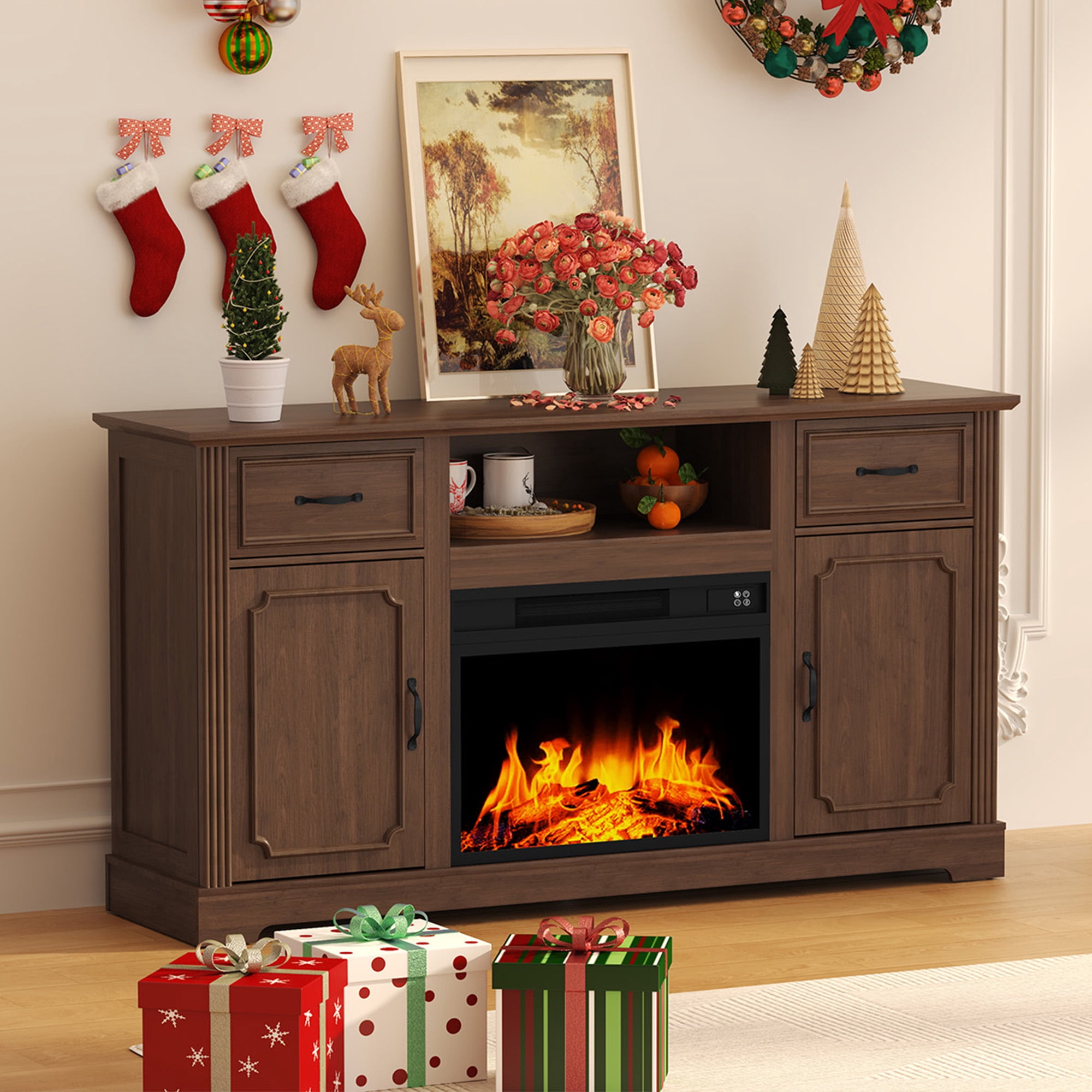 HLR Modern Fireplace TV Stand for TV up to 65'', Entertainment Center with Storage for Living Room, Brown