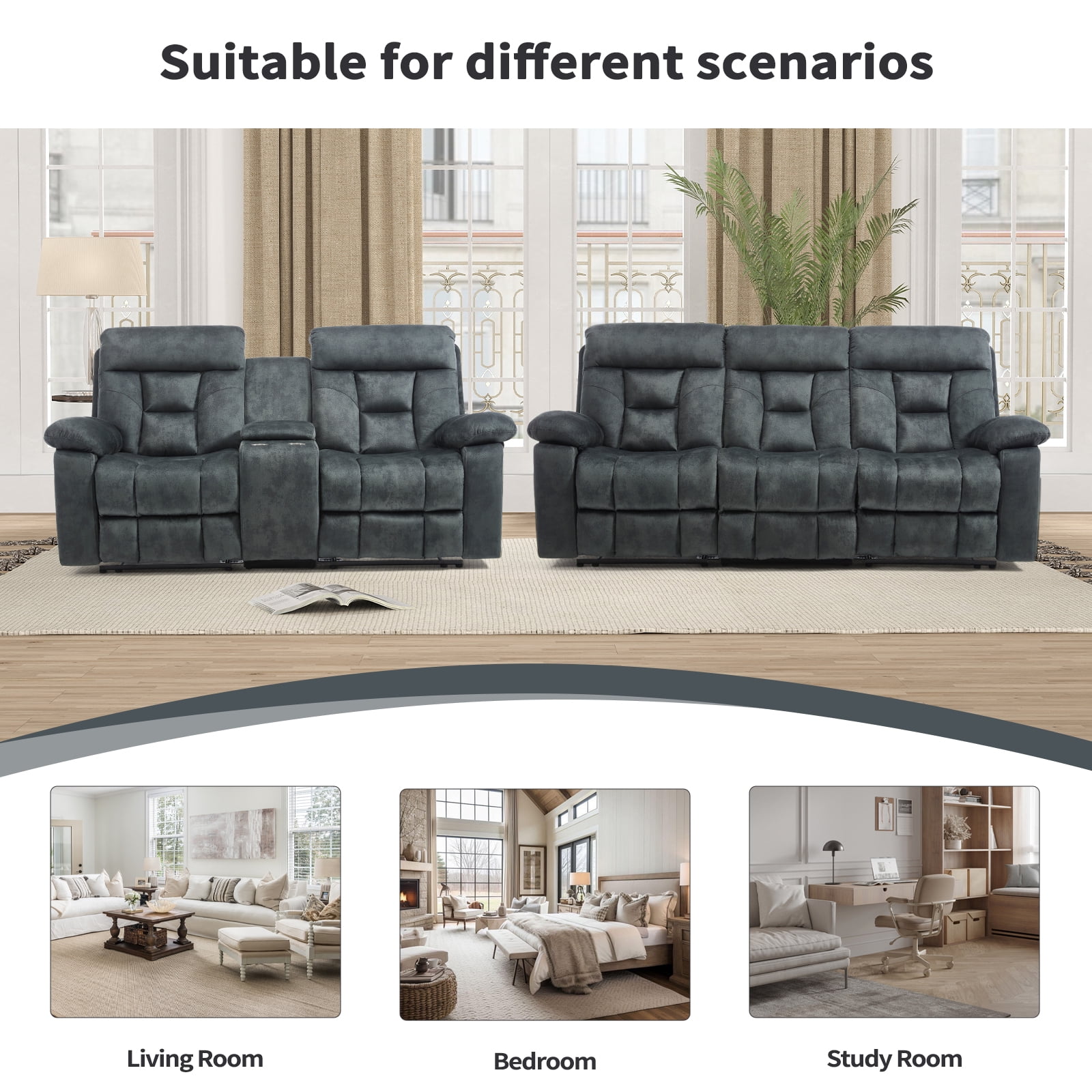 Bonzy Home 2-Piece Recliner Sofa Set — Reclining Loveseat & Extra-Wide 3-Seat Bonded Fabric Sofa, Grayish Green