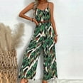 thumbnail image 4 of Fashion Jumpsuit for Women Summer Vacation Spaghetti Strap Print Long Romper with Belt High Waist Wide Leg Slimming Outfits, Army Green, S, 4 of 6