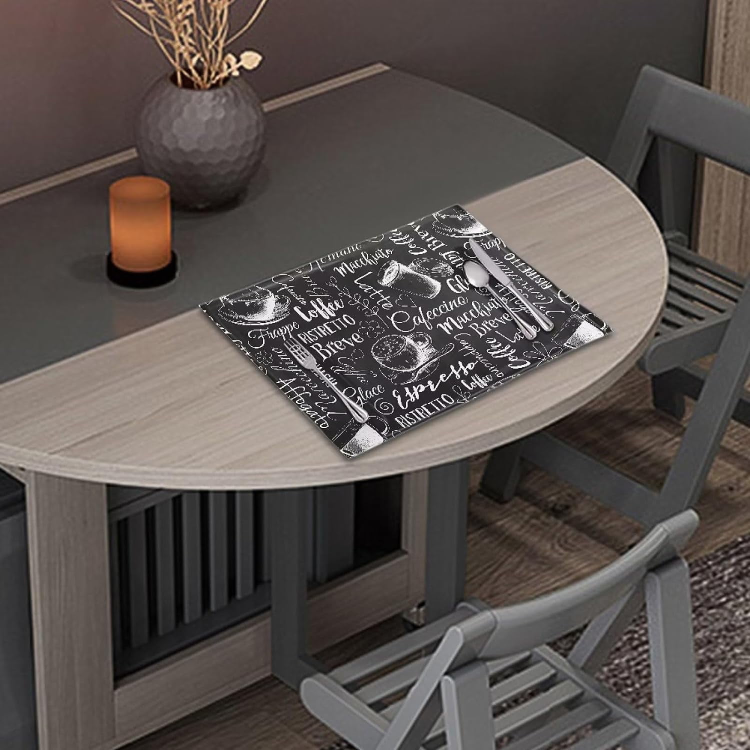 Placemat linen Weave Table Mats Set of 6, Durable Scratch Resistant Waterproof Oil-Proof Dining Table Heat Stain Resistant Placemats, Coffee Vintage Black