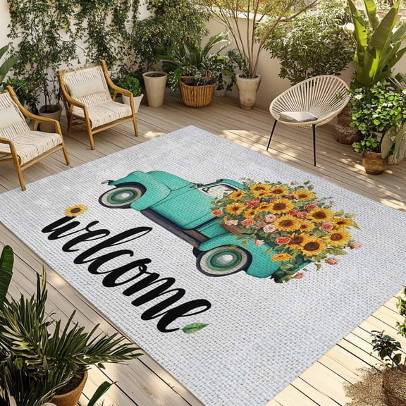 Country Sunflowers Outdoor Rug for Patio/Deck/Porch, Non-Slip Large Area Rug 5 x 7 Ft, Welcome Rustic Truck Floral Farmhouse Indoor Outdoor Rugs Washable Area Rugs, Camping Rug Carpet Runner