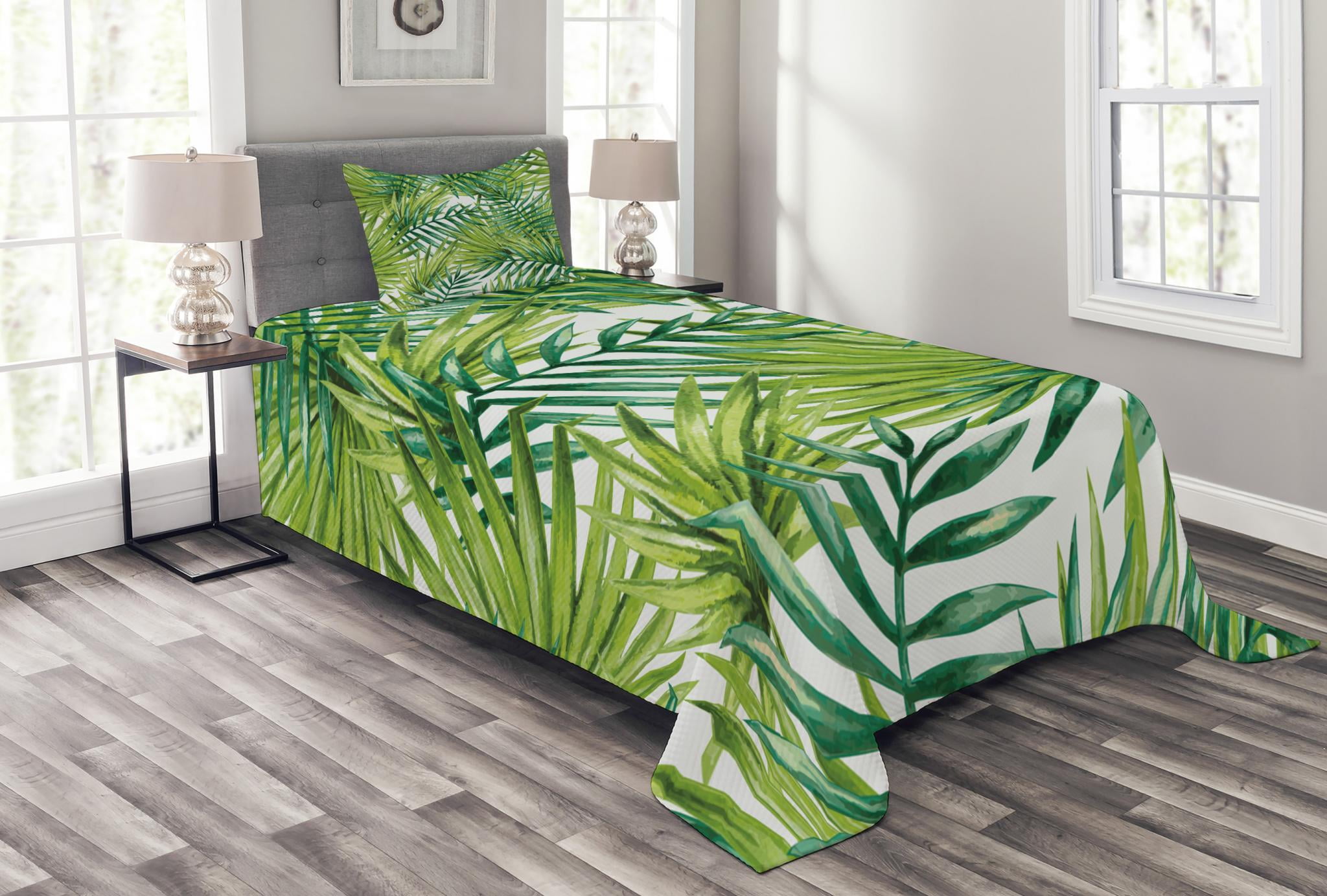 Plant Bedspread Set, Watercolor Tropical Palm Leaves Colorful