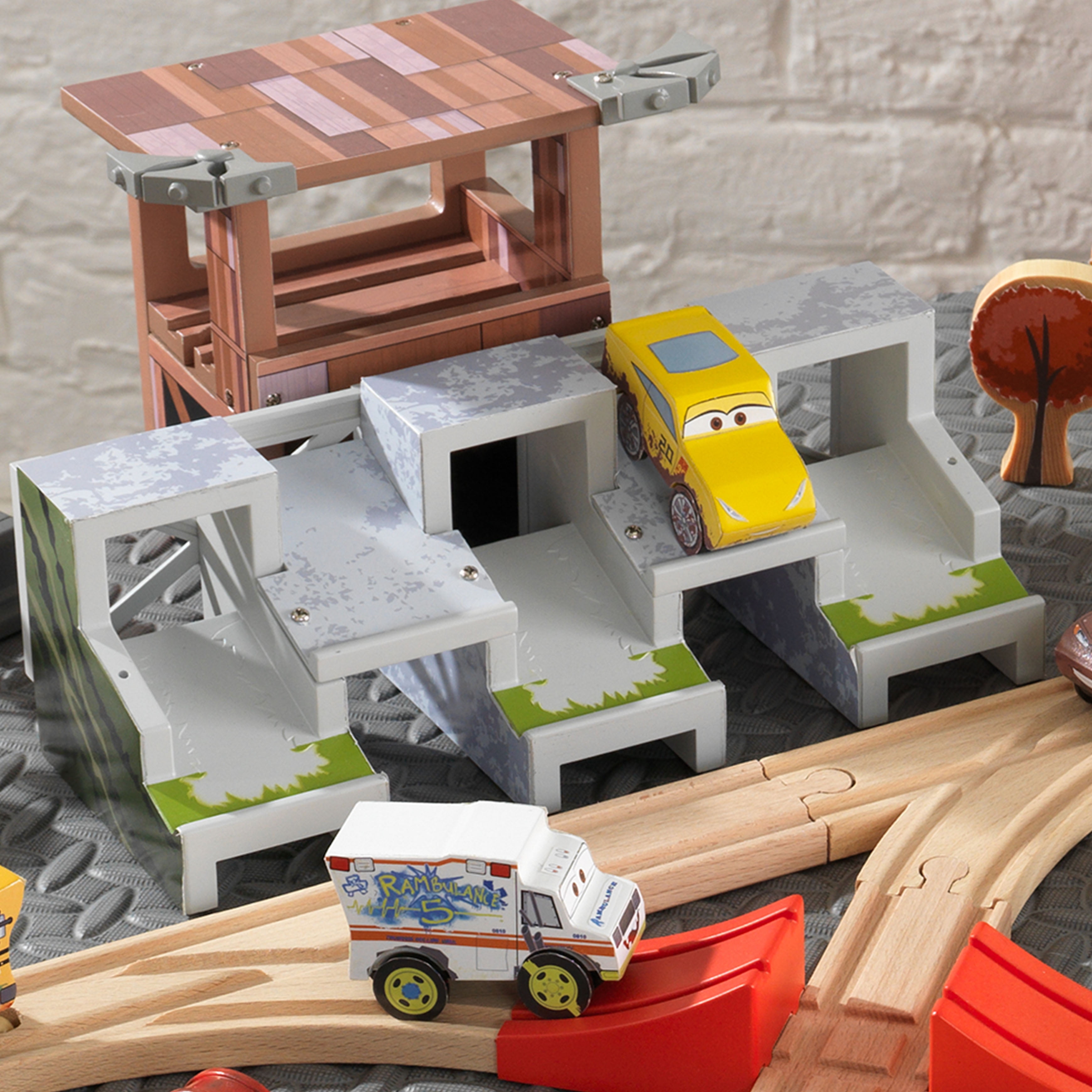 Disney KIDKRAFT Pixar Cars 3 Thunder Hollow 50 Piece Wooden Track Set with Accessories 