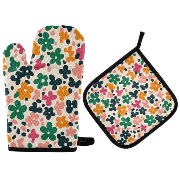 Yayeee Oven Mitts and Pot Holder Set of 2 Heat Resistant Kitchen Gloves Baking Hot Pad, Floral Blooms