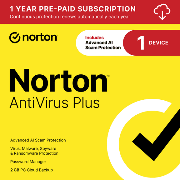 Norton AntiVirus Plus, 1 Device, 1 Year with Auto Renewal, PC/Mac Download