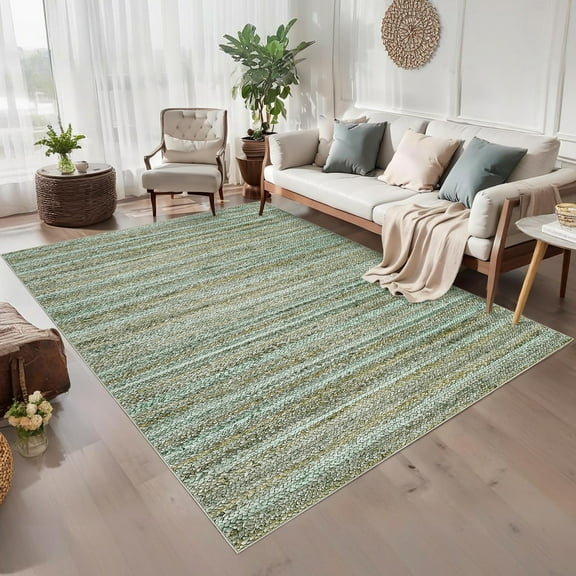 Hasoo Washable Area Rug 9' x 12' Large Modern Indoor Rug for Living Room Braided Carpet for Home Office, Green