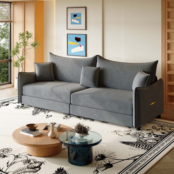 Firscook 81.9" King Size Pull-Out Sofa Bed, 3-in-1 Convertible Velvet Sleeper Sofa with 3 Pillows & Golden Arm Trim, Dark Grey