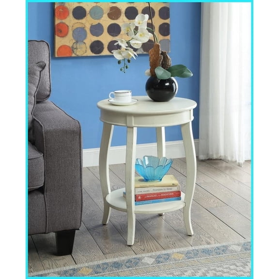 Antique White Round Leg Coffee Table with Open Bottom Shelf – Space-Saving Storage for Living Room