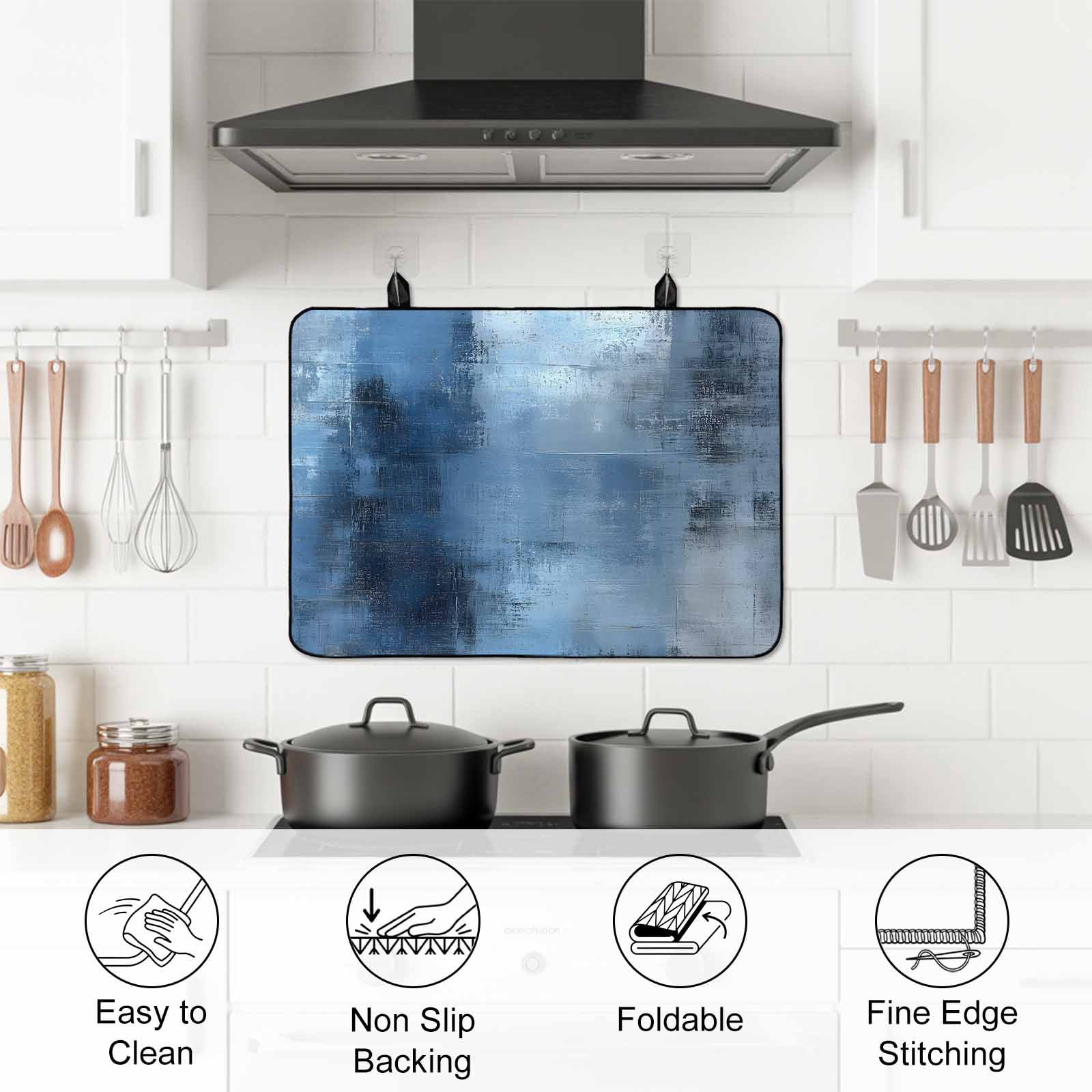 Blue Stove Top Cover for Electric Stove, Heat-proof & Non Slip Glass Top Stove Cover Protector, Vintage Modern Ombre Oil Painted Abstract Art Kitchen Flat Cooktop Rubber Mat 24x21 Inches