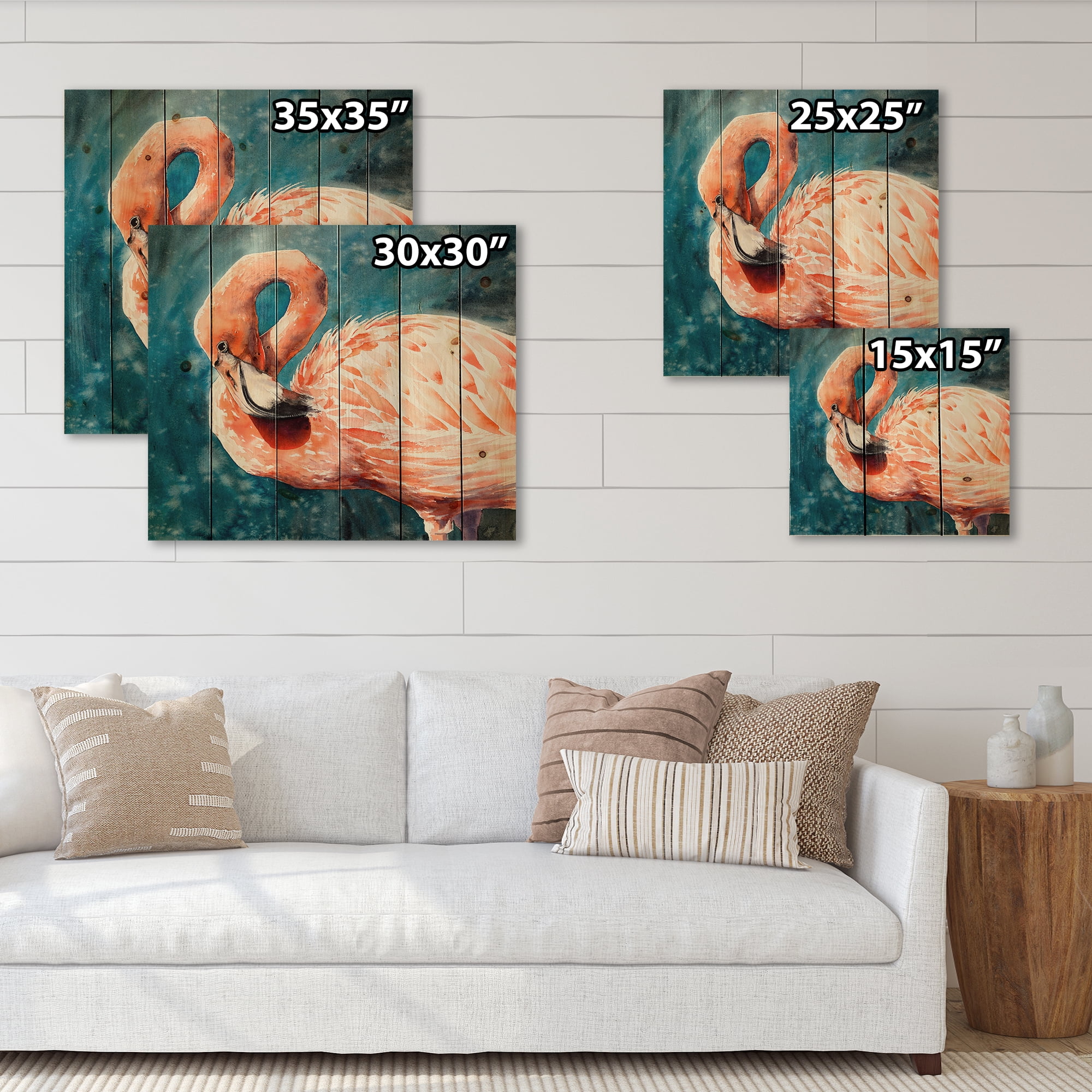 Designart 'Pink Flamingos Love Birds In Blue Water II' Farmhouse Print on Natural Pine Wood