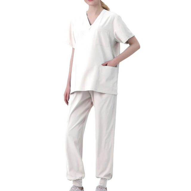 VOAVEKE Ensembles d'Été pour Femmes, Ensembles Courts pour Femmes, Robes de Bain à Manches Courtes pour Infirmières, Ensemble de Travail Séparé Blanc S