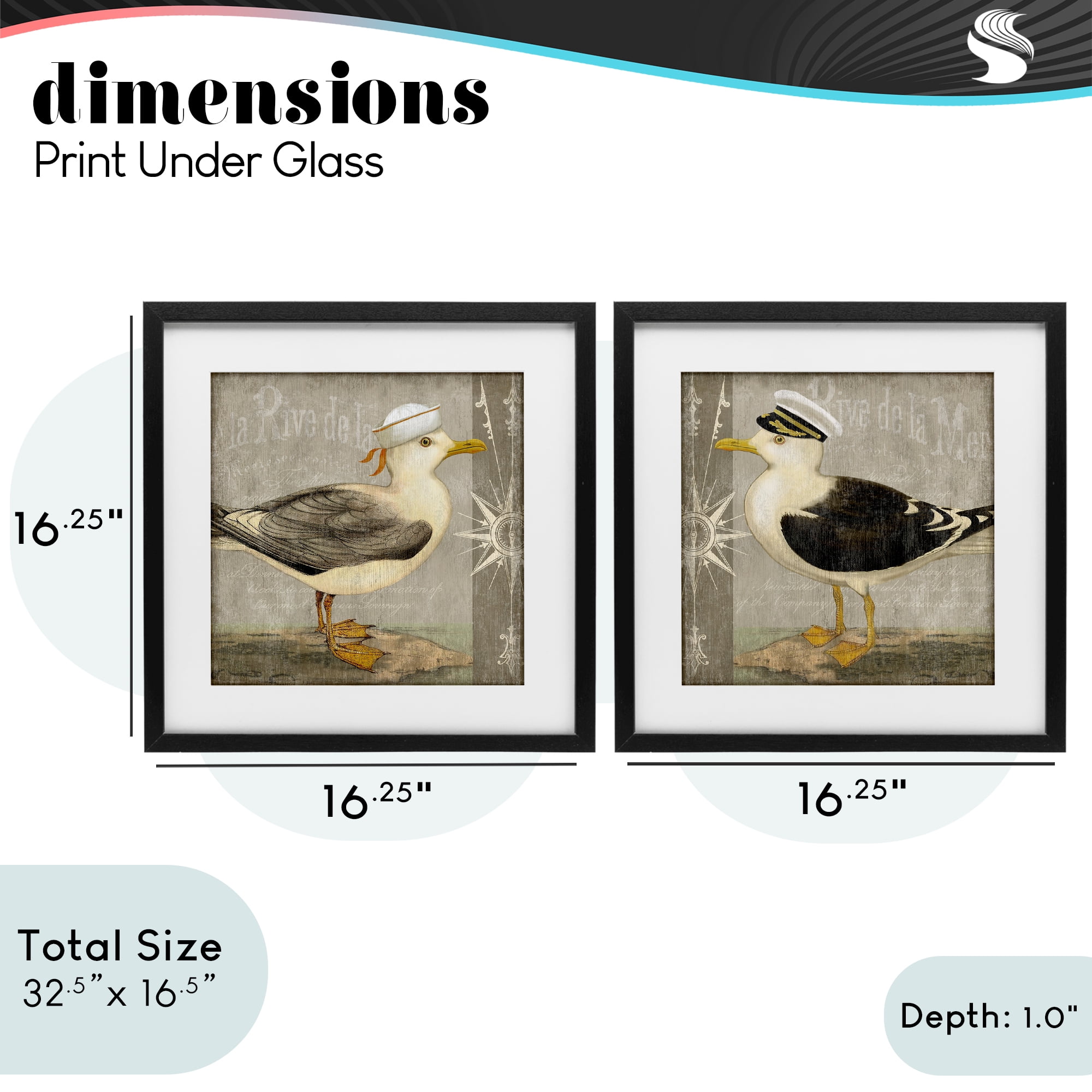Stupell Industries Little Seagulls with Hats 2 Piece Black Framed Print Under Glass Set, design by Suzanne Nicoll