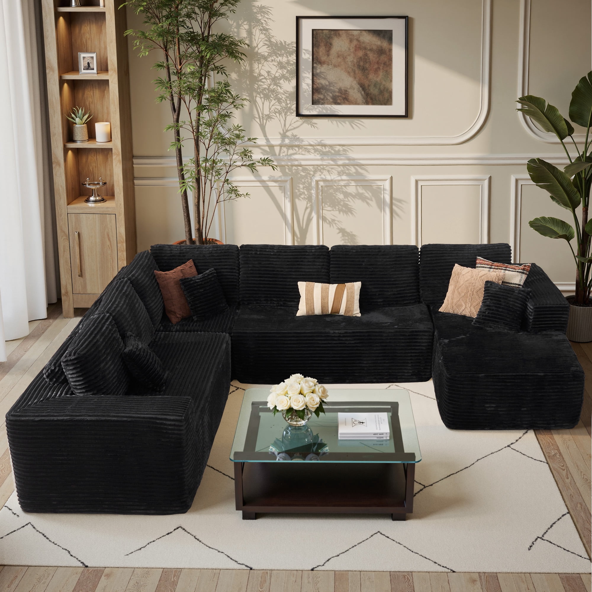 Ovios 135'' x 107'' U-Shaped Oversized Sectional Sofa Modern Modular Cloud Couch with Deep Seat Plush Corduroy Upholstered Large Comfy Sofa for Living Room, No Assembly, Black