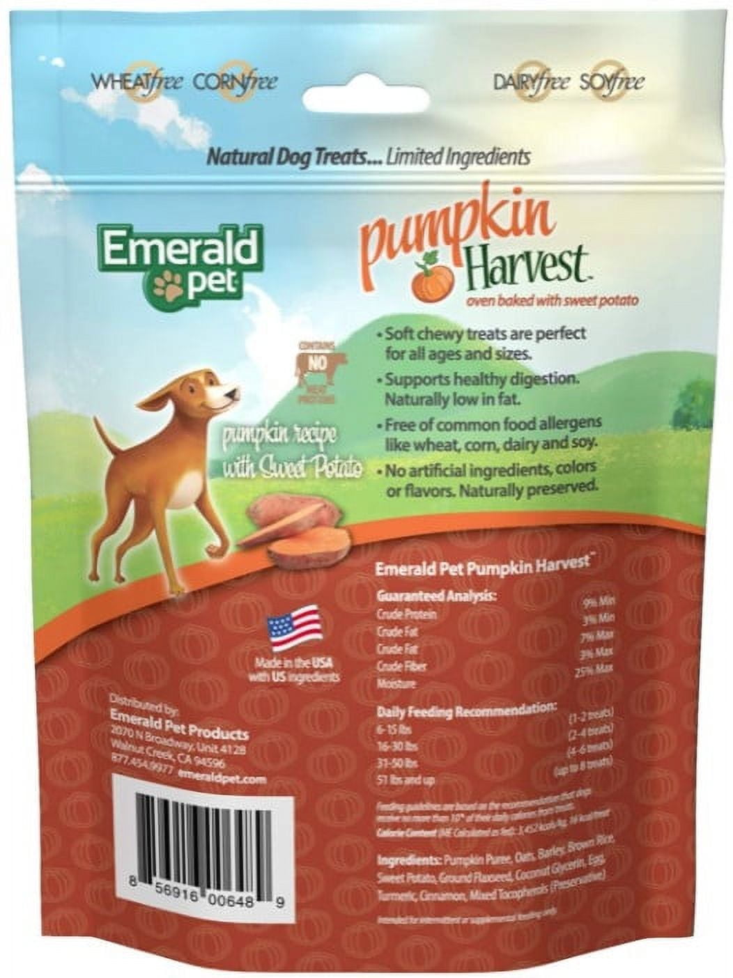 4 Pack Emerald Pet Pumpkin Harvest Oven Baked Dog Treats with Sweet Potato [USA Dog Treats, Bulk Dog Supplies, Emerald Pet] 24 oz (4 x 6 oz)