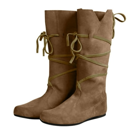 

Mepaouo Women s Vintage Mid Calf Boots Suede Round Toe Retro Walking Riding Knee High Boots(Khaki 8.5)