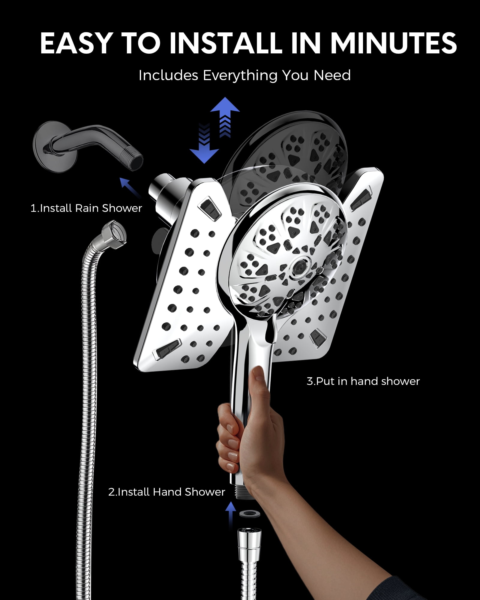 Hodvit 2 in 1 Shower Head Combo, High Pressure Rain Shower Head and Handheld Shower Head with 10 Spray Modes, 60" Stainless Steel Hose