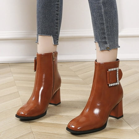 

Ankle Boots Fashion Autumn Winter Women Boots Medium Heel Thick Heel Round Head Side Zipper Solid Color Rhinestone Comfortable Casual Style