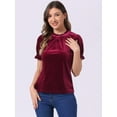 thumbnail image 4 of DARING DIVA Ruffle Collar Short Sleeve Velvet Blouse M Wine Red, 4 of 6