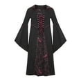 thumbnail image 2 of TANGQIOP Halloween Girls'S Clothes Witch Costume Medieval Vintage Tie-Up Stand Collar Flared Sleeve Printed Long Dress Wine 150, 2 of 9