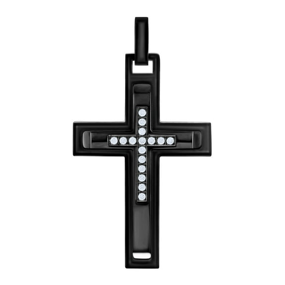 Stainless Steel Black-tone Mens Cubic-Zirconia Cross Religious Charm Pendant