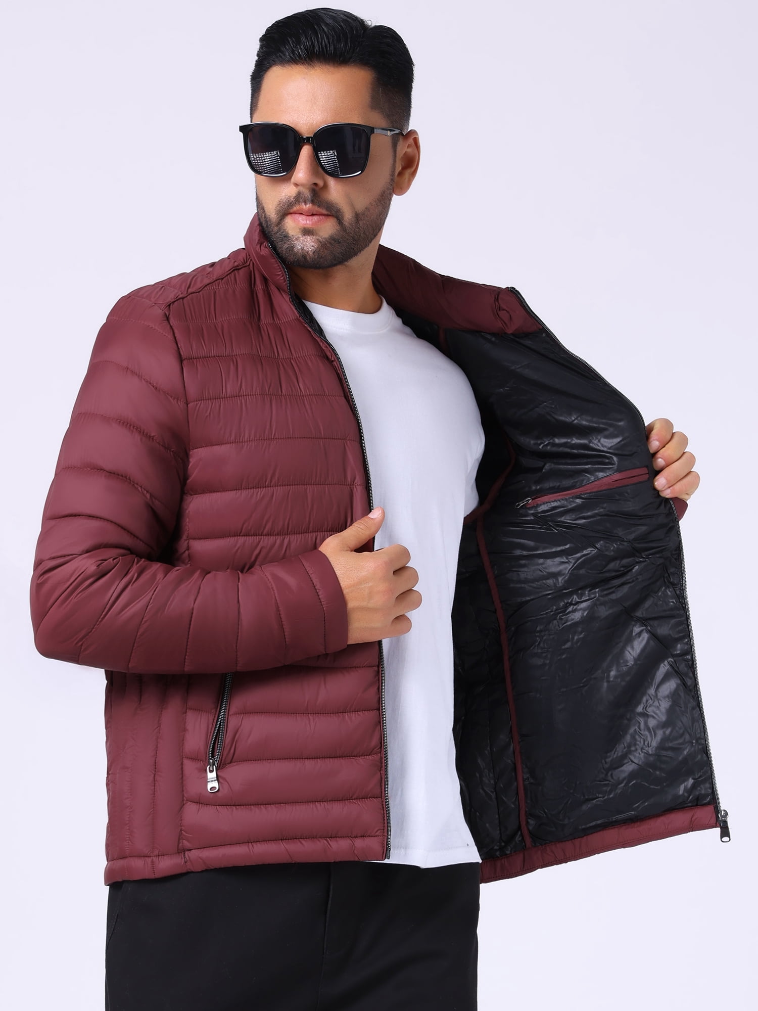 DARING DIVA Men's Winter Solid Stand Collar Zipper Quilted Puffer Jacket S Burgundy