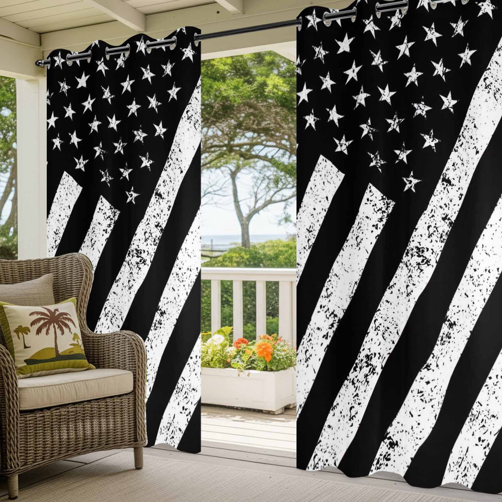 Independence Day Outdoor Curtains for Patio, Vintage Distressed Black and White American Flag Sunshade Privacy Drapes Grommet Waterproof Outside Curtains for Porch/Cabana/Balcony 54"x 108", 1 Panel