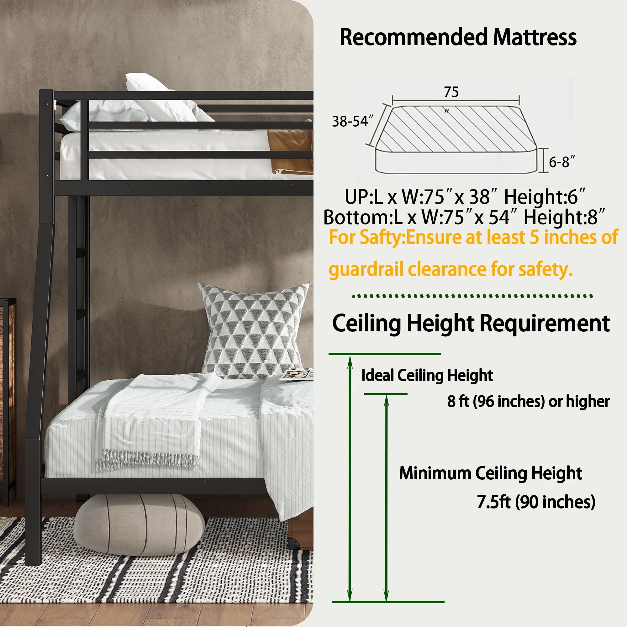 Miniyam Twin over Full Metal Bunk Bed with Guardrail, Dual Ladders, Quiet Slat Support, Under-Bed Storage, Black