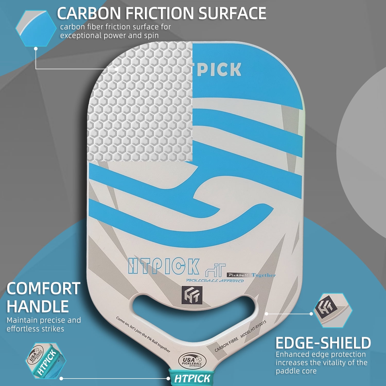 HTPICK Thermoformed Pickleball Paddle - T700 Carbon Fiber Surface, 16mm Honeycomb Core, Blue, USAPA Approved