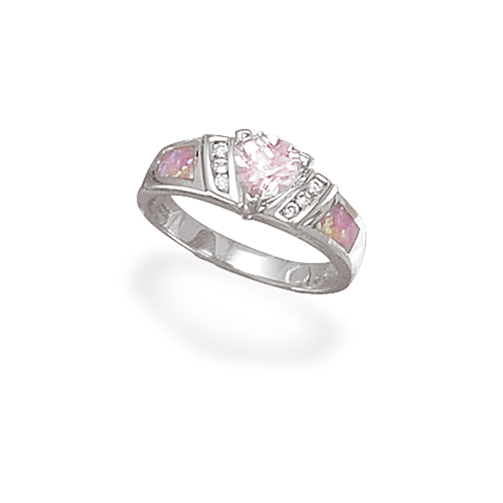 Pink Synthetic Opal Ring and Trillion Cut Triangle Shape Cubic Zirconia Sterling Silver by unknown
