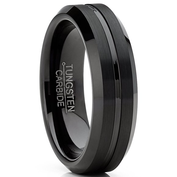 Mens Tungsten Wedding Band Black Ring Grooved Center 6MM