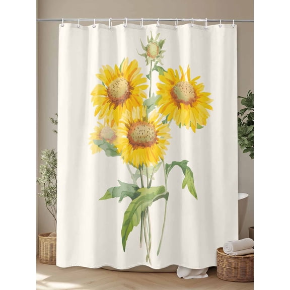 Shower Curtain, Watercolor Yellow Sunflower Waterproof Shower Curtain Set with Hooks for Bathroom Showers,Stalls and Bathtubs,72x72In Farm Floral Leaves on Beige