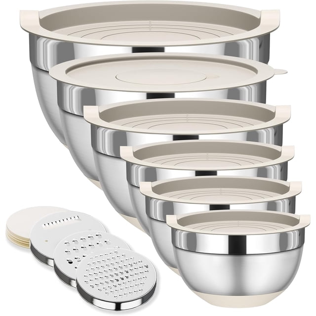 Juego de cuencos para mezclar con tapas, 6 piezas de cuencos de almacenamiento anidados de acero inoxidable para cocina, con 3 accesorios ralladores y fondos antideslizantes, tamaño 5.5, 3.5, 2.5,