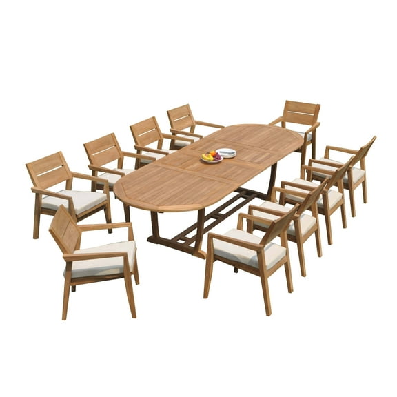 Grade-A Teak Dining Set: 10 Seater 11 Pc: 118" Mas Oval Trestle Leg Table And 10 Vellore Stacking Arm Chairs Outdoor Patio WholesaleTeak #51VL2711