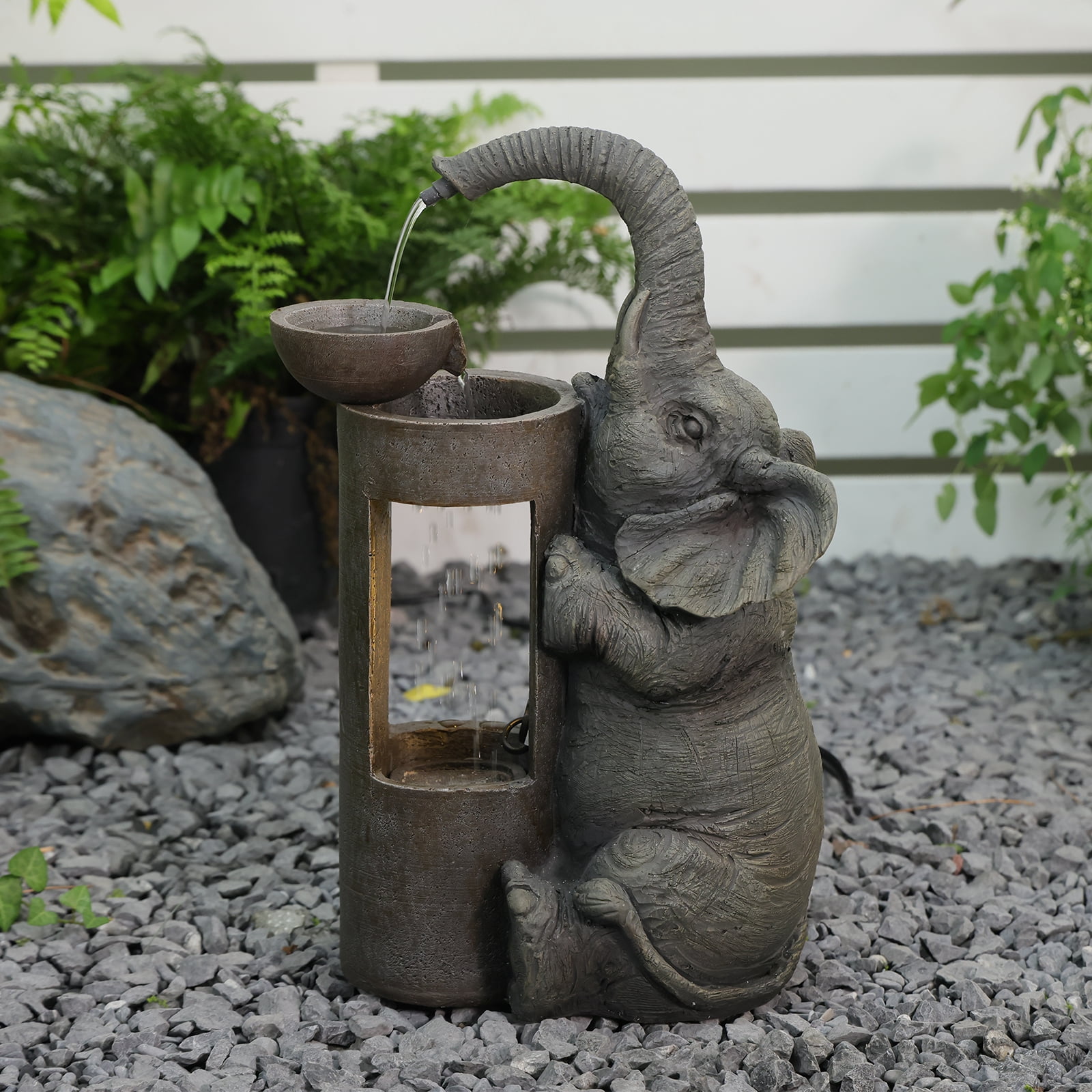 Elephant Waterfall Fountain for Indoor Desktop & Outdoor Use Small Garden Water Feature with LED Light Quiet Mini Cute Table Water Fountains for Patio, Yard, Home Decor