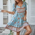 thumbnail image 1 of Floral Print Dress, A Line Summer Floral Short Dress V Neck Strap Collar  For Shopping Blue M, 1 of 6