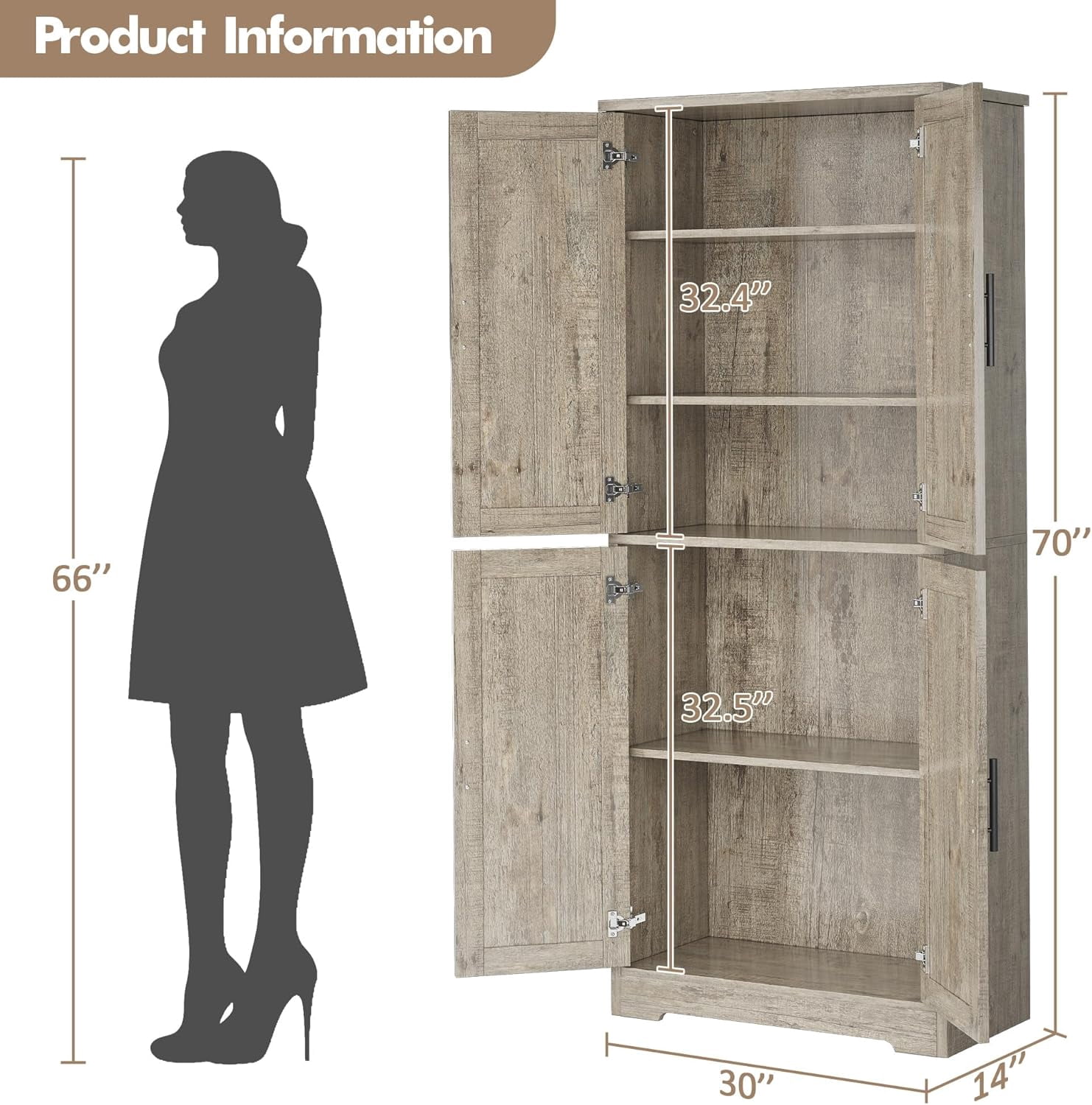 70 Inch Tall Kitchen Pantry Cabinet, Freestanding Storage Cabinet with 4 Doors and Adjustable Shelves, Utility Hutch Cupboard for Dining Room, Bathroom, Living Room