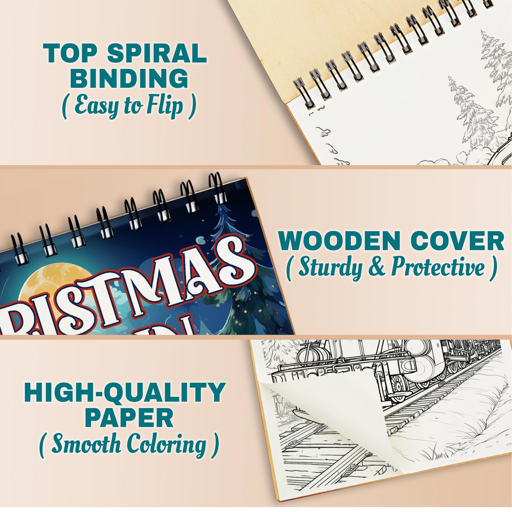 Netecom Christmas Train Coloring Book Spiral Bound For Adults, A5 Wooden Cover, 30 Delightful Coloring Pages of Christmas Trains in Winter Landscapes for Stress Relief and Relaxation