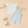 thumbnail image 2 of Zwiiyzr Toddler Baby Girl Clothes Ribbed Flutter Sleeve T-Shirt Daisy Floral Suspender Overalls Shorts Set 2Pcs Summer Outfits 1-5T Light Blue, 2 of 3