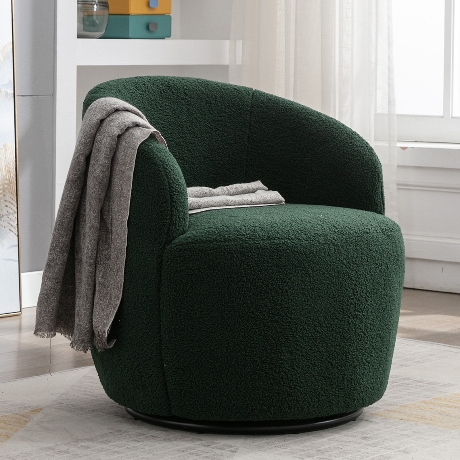 UWRNite Swivel Barrel Chair, Teddy Sherpa Upholstered Modern Round