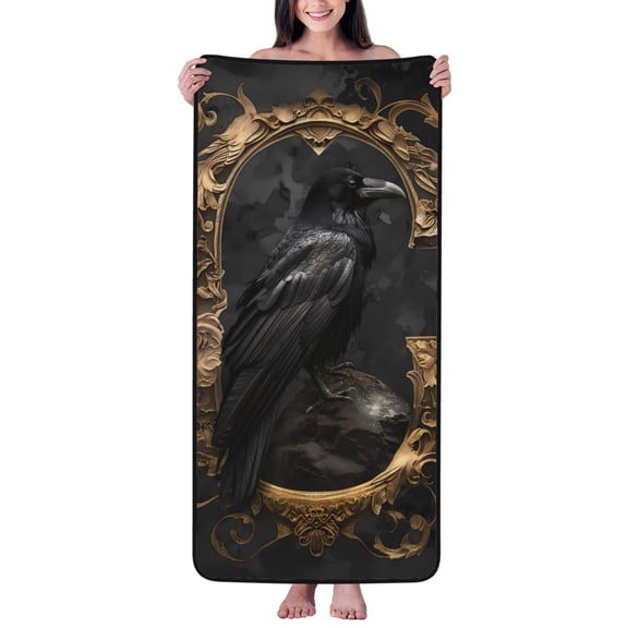 Zufioo Gothic Raven Portrait Print Coral Fleece Bath Towel 27x55 Inches, Absorbent and Quick-drying Bath Towel, Suitable for Adults and Children