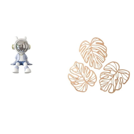 4 Pieces Palm Leaves Wood Wall Plaque Astronaut Figurine Sculpture Sturdy Resin Unique Decor for Living Room Home Shelf